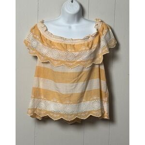 American Eagle Women's Tan Striped Eyelet Lace Off The Shoulder Ruffle Top Sz M